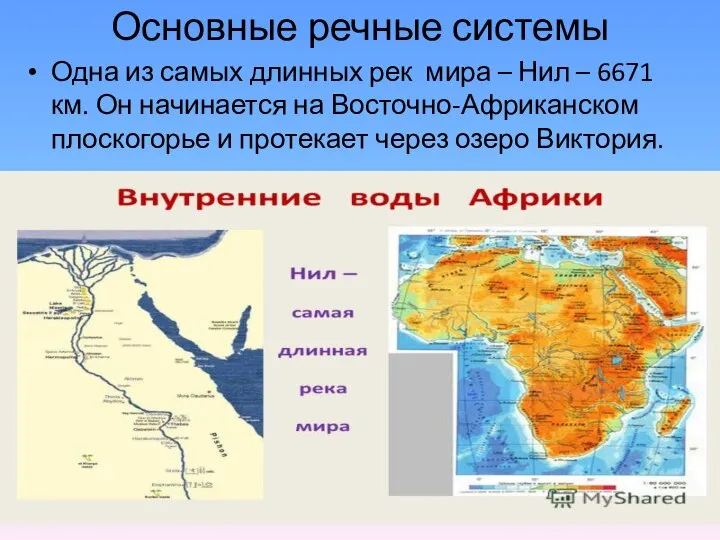 Основные речные системы Одна из самых длинных рек мира – Нил –