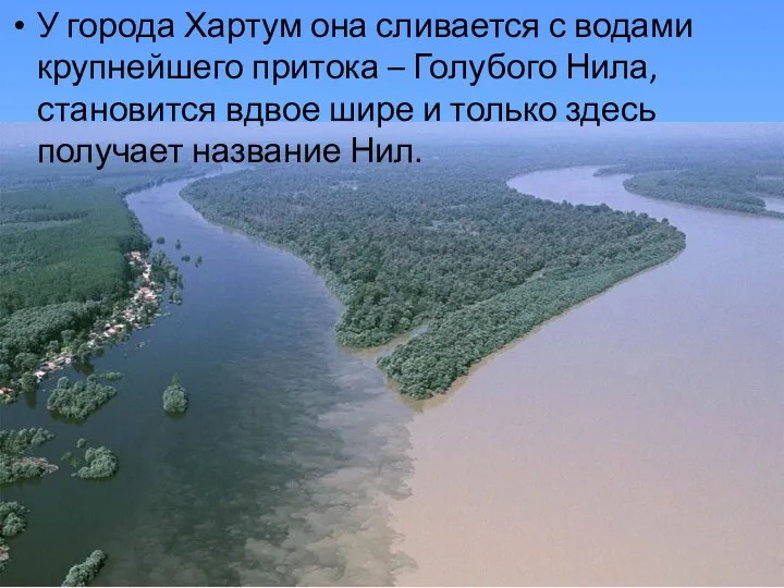 У города Хартум она сливается с водами крупнейшего притока – Голубого Нила,