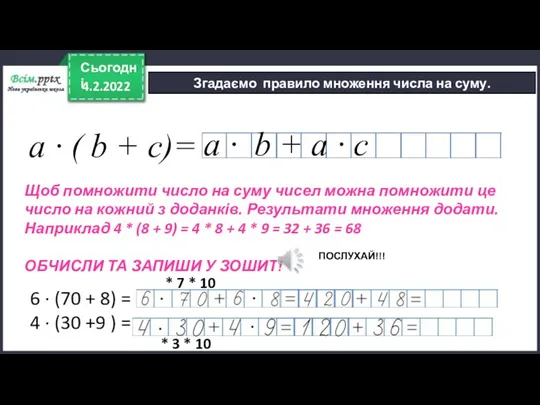 4.2.2022 Сьогодні Згадаємо правило множення числа на суму. a · b +