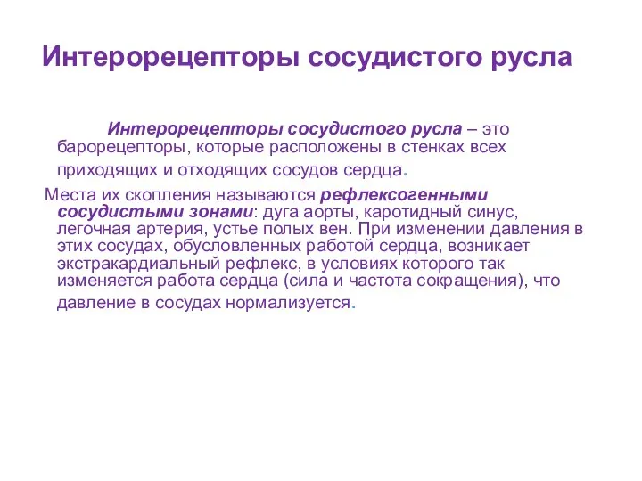 Интерорецепторы сосудистого русла Интерорецепторы сосудистого русла – это барорецепторы, которые расположены в