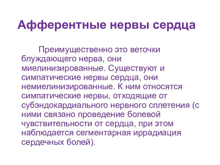 Афферентные нервы сердца Преимущественно это веточки блуждающего нерва, они миелинизированные. Существуют и