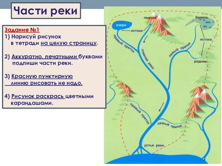 Части реки Задание №1 1) Нарисуй рисунок в тетради на целую страницу.