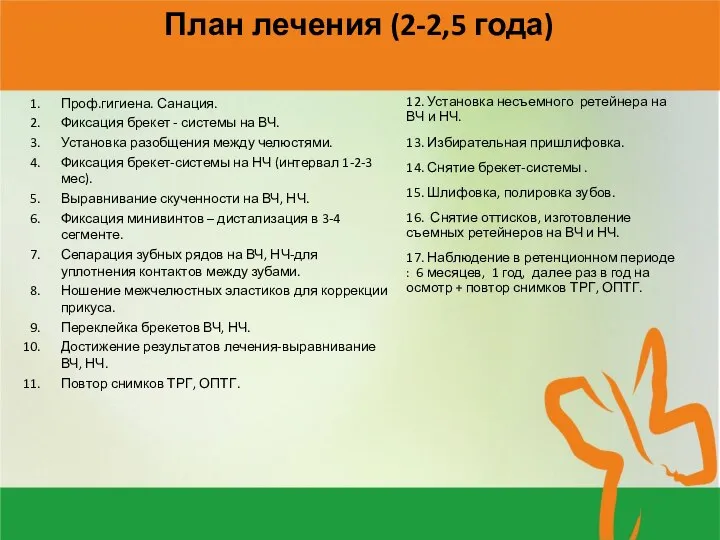 План лечения (2-2,5 года) Проф.гигиена. Санация. Фиксация брекет - системы на ВЧ.