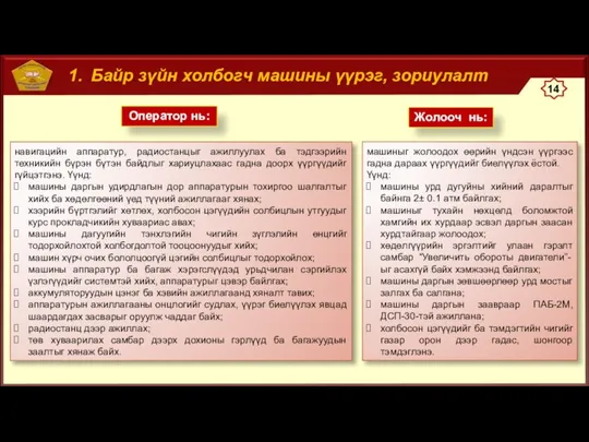 Байр зүйн холбогч машины үүрэг, зориулалт Оператор нь: навигацийн аппаратур, радиостанцыг ажиллуулах