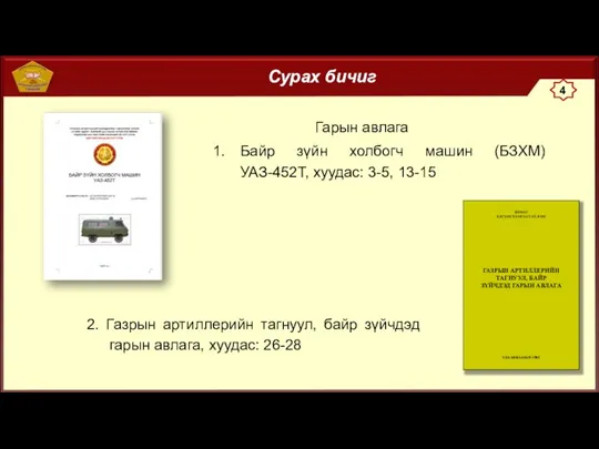 Сурах бичиг Байр зүйн холбогч машин (БЗХМ) УАЗ-452Т, хуудас: 3-5, 13-15 Гарын