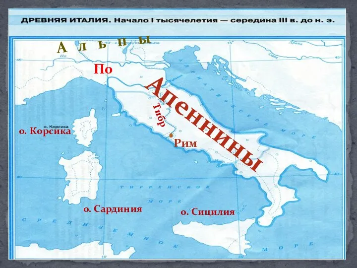 Апеннины Рим Тибр А л ь п ы По о. Корсика о. Сардиния о. Сицилия