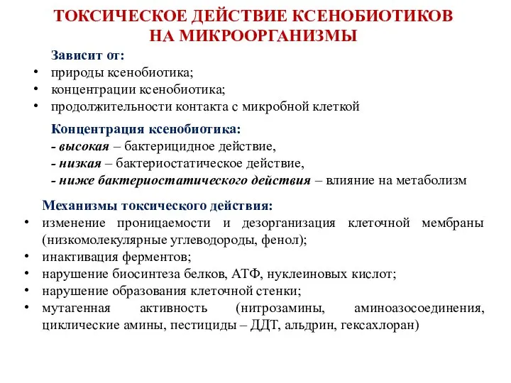 ТОКСИЧЕСКОЕ ДЕЙСТВИЕ КСЕНОБИОТИКОВ НА МИКРООРГАНИЗМЫ Зависит от: природы ксенобиотика; концентрации ксенобиотика; продолжительности