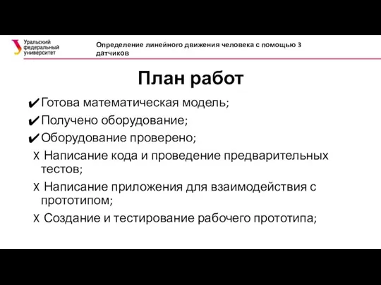 План работ Готова математическая модель; Получено оборудование; Оборудование проверено; Написание кода и