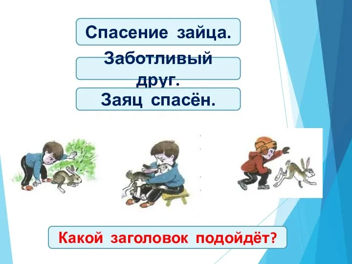 Спасение зайца. Заботливый друг. Заяц спасён. Какой заголовок подойдёт?