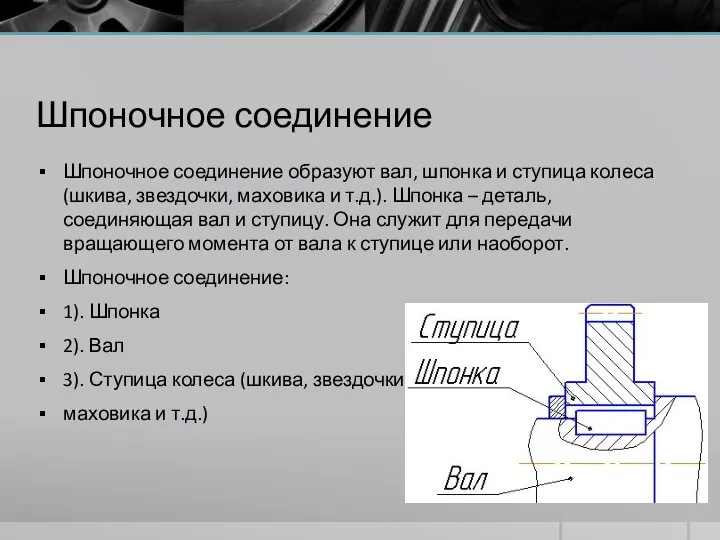 Шпоночное соединение Шпоночное соединение образуют вал, шпонка и ступица колеса (шкива, звездочки,