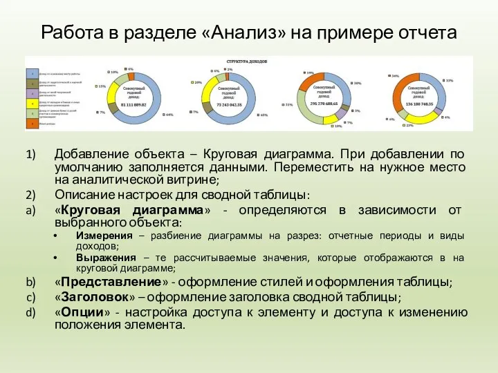 Работа в разделе «Анализ» на примере отчета Добавление объекта – Круговая диаграмма.