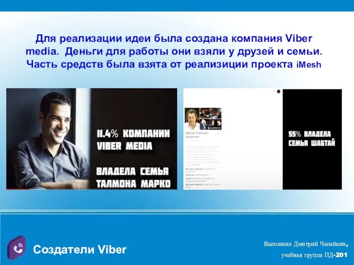 Создатели Viber Для реализации идеи была создана компания Viber media. Деньги для