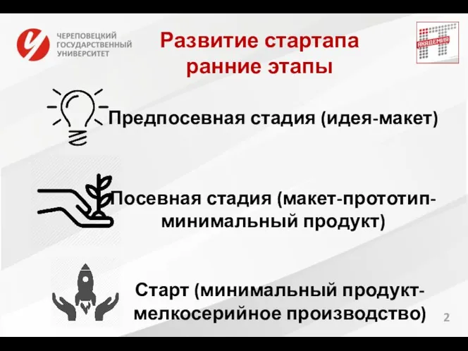 Развитие стартапа ранние этапы 2 Предпосевная стадия (идея-макет) Посевная стадия (макет-прототип-минимальный продукт)