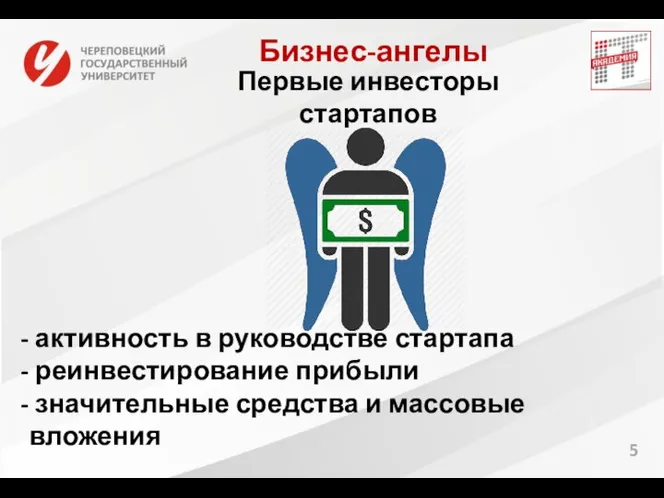 5 Бизнес-ангелы Первые инвесторы стартапов активность в руководстве стартапа реинвестирование прибыли значительные средства и массовые вложения