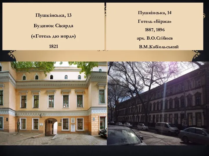Пушкінська, 13 Будинок Сікарда («Готель дю норд») 1821 Пушкінська, 14 Готель «Біржа»