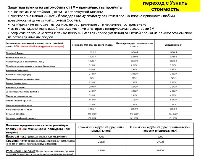 Защитная пленка на автомобиль от 3М – преимущества продукта: • высокая износостойкость,