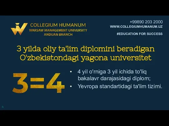 3 yilda oliy ta'lim diplomini beradigan O'zbekistondagi yagona universitet 4 yil o'rniga