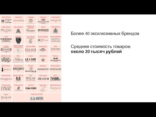 Более 40 эксклюзивных брендов Средняя стоимость товаров: около 20 тысяч рублей