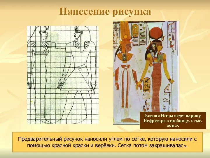 Нанесение рисунка Предварительный рисунок наносили углем по сетке, которую наносили с помощью