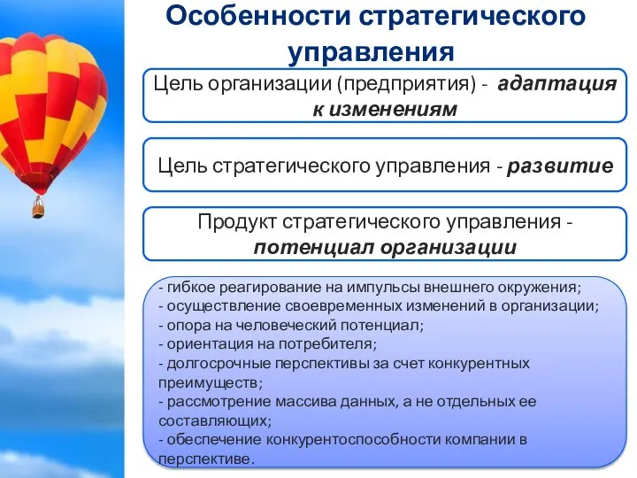 Особенности стратегического управления Цель организации (предприятия) - адаптация к изменениям Цель стратегического