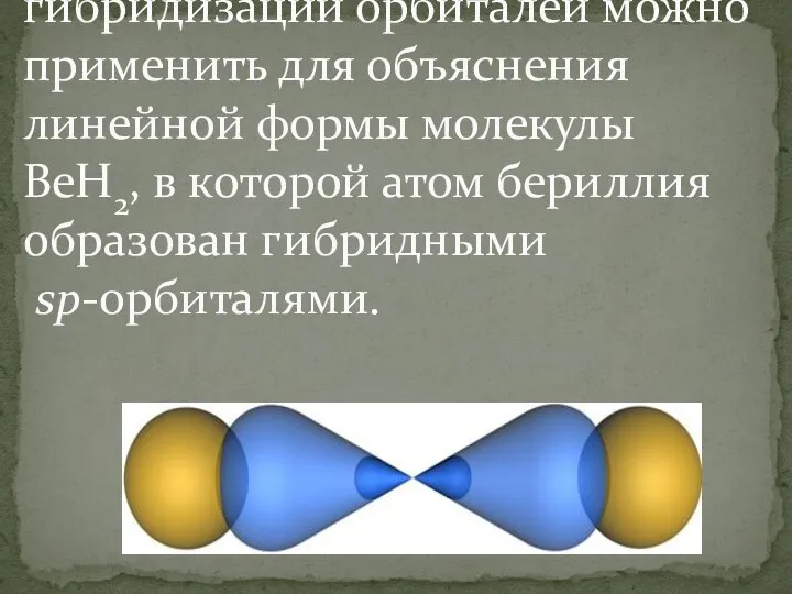 Представление о sp-гибридизации орбиталей можно применить для объяснения линейной формы молекулы BeH2,