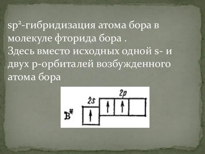 sp2-гибридизация атома бора в молекуле фторида бора . Здесь вместо исходных одной