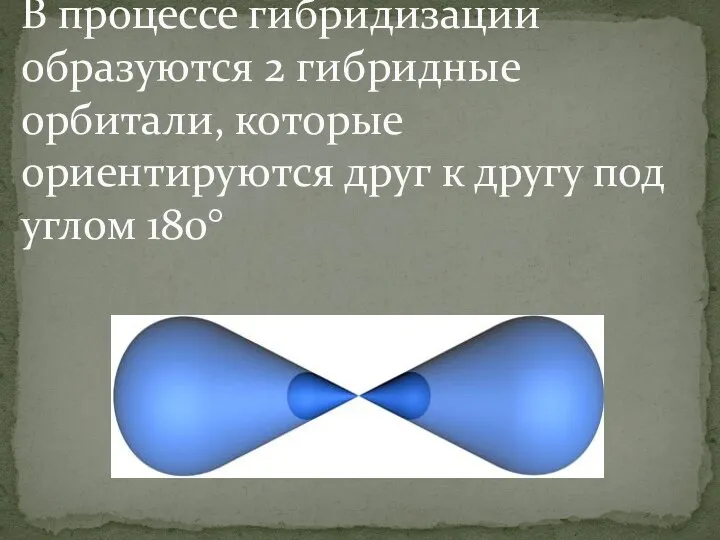 В процессе гибридизации образуются 2 гибридные орбитали, которые ориентируются друг к другу под углом 180°