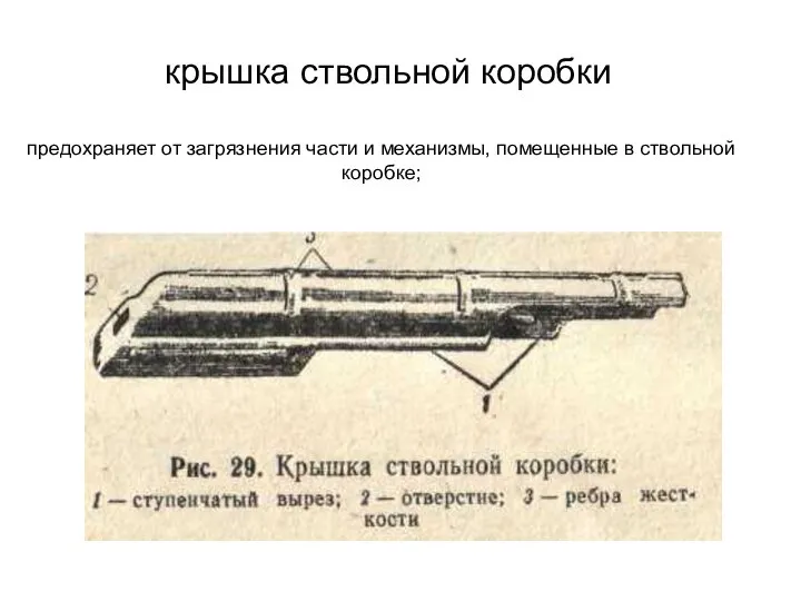 крышка ствольной коробки предохраняет от загрязнения части и механизмы, помещенные в ствольной коробке;