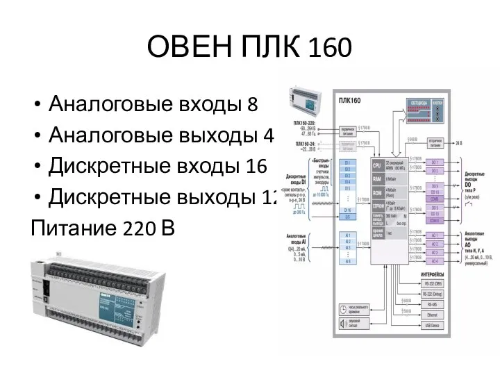 ОВЕН ПЛК 160 Аналоговые входы 8 Аналоговые выходы 4 Дискретные входы 16