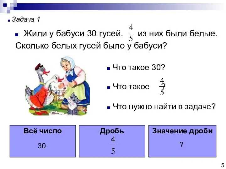 Жили у бабуси 30 гусей. из них были белые. Сколько белых гусей