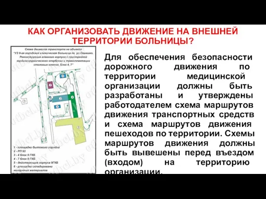 КАК ОРГАНИЗОВАТЬ ДВИЖЕНИЕ НА ВНЕШНЕЙ ТЕРРИТОРИИ БОЛЬНИЦЫ? Для обеспечения безопасности дорожного движения