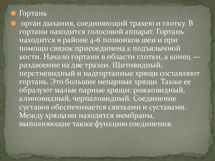 Гортань орган дыхания, соединяющий трахею и глотку. В гортани находится голосовой аппарат.