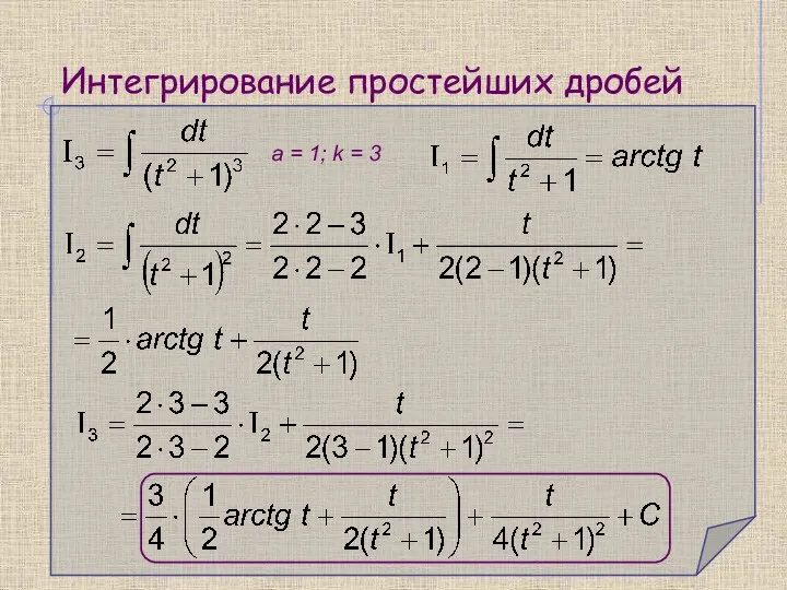 Интегрирование простейших дробей a = 1; k = 3