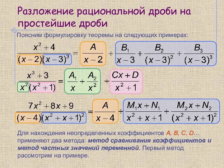 Разложение рациональной дроби на простейшие дроби Поясним формулировку теоремы на следующих примерах: