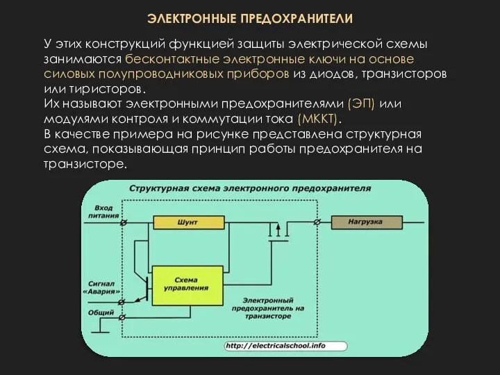 У этих конструкций функцией защиты электрической схемы занимаются бесконтактные электронные ключи на