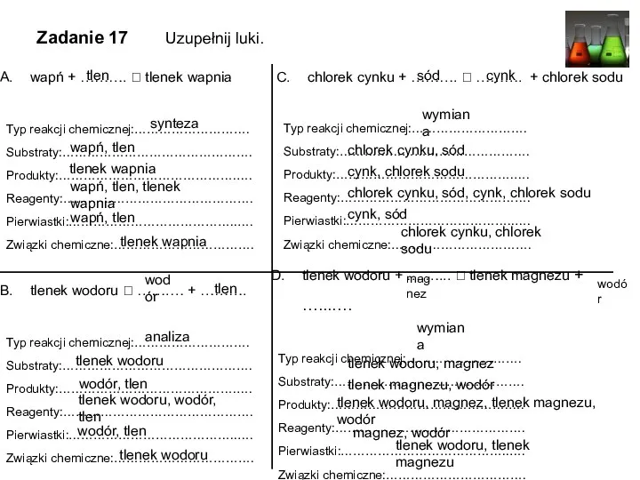 tlen wodór magnez sód cynk wodór tlen synteza analiza wymiana wymiana wapń,