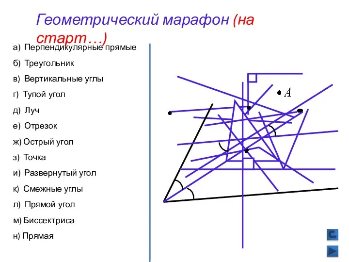 а) Перпендикулярные прямые б) Треугольник в) Вертикальные углы г) Тупой угол д)