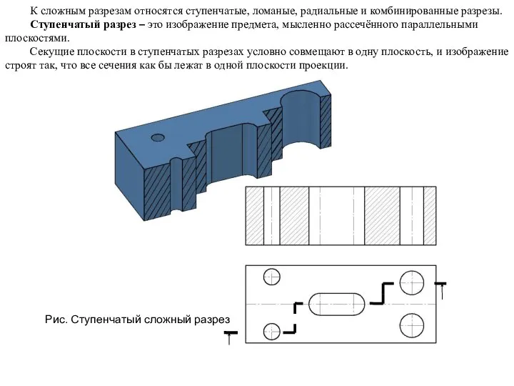 К сложным разрезам относятся ступенчатые, ломаные, радиальные и комбинированные разрезы. Ступенчатый разрез