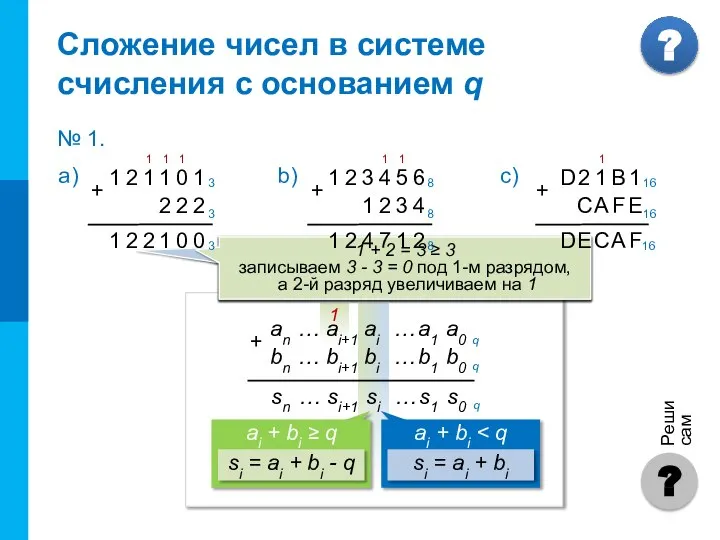 1 + 2 = 3 ≥ 3 записываем 3 – 3 =