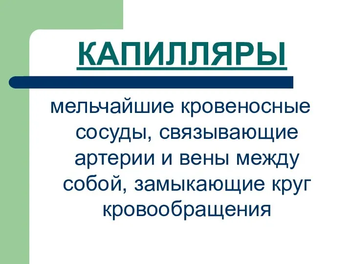 КАПИЛЛЯРЫ мельчайшие кровеносные сосуды, связывающие артерии и вены между собой, замыкающие круг кровообращения