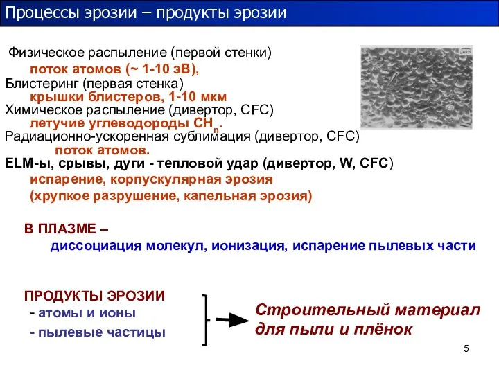 Процессы эрозии – продукты эрозии Физическое распыление (первой стенки) поток атомов (~