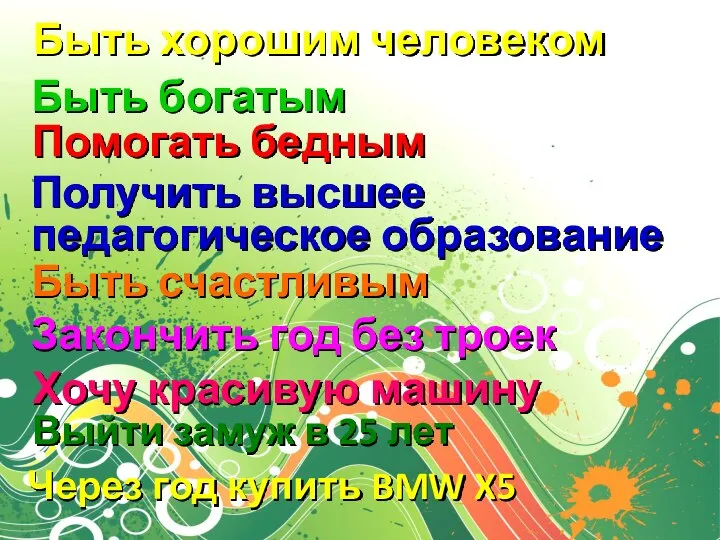 Помогать бедным Быть богатым Получить высшее педагогическое образование Быть счастливым Закончить год