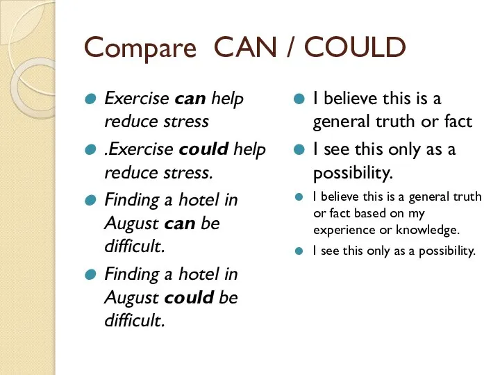 Compare CAN / COULD Exercise can help reduce stress .Exercise could help
