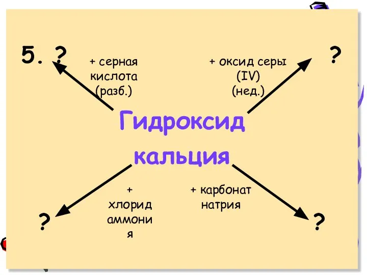 5. ? ? Гидроксид кальция ? ? + серная кислота (разб.) +