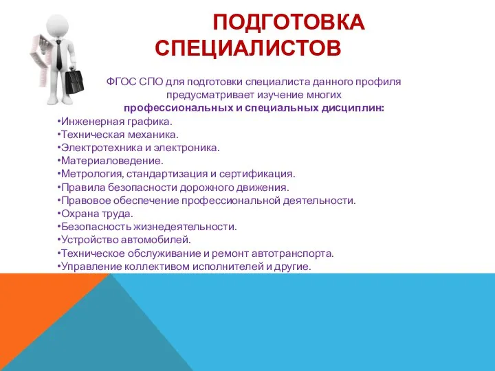 ПОДГОТОВКА СПЕЦИАЛИСТОВ ФГОС СПО для подготовки специалиста данного профиля предусматривает изучение многих