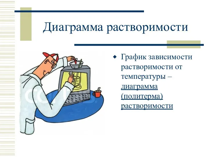 Диаграмма растворимости График зависимости растворимости от температуры – диаграмма (политерма) растворимости