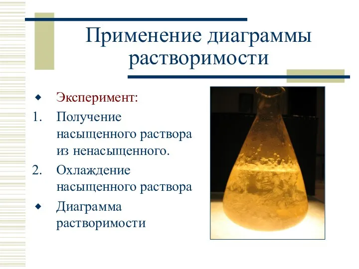 Применение диаграммы растворимости Эксперимент: Получение насыщенного раствора из ненасыщенного. Охлаждение насыщенного раствора Диаграмма растворимости