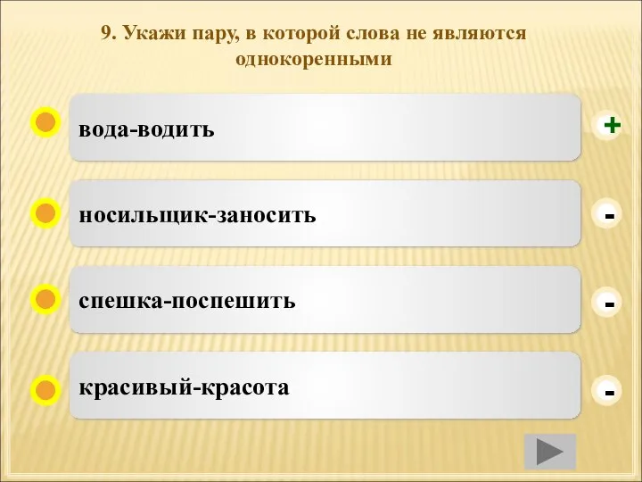 9. Укажи пару, в которой слова не являются однокоренными вода-водить носильщик-заносить спешка-поспешить