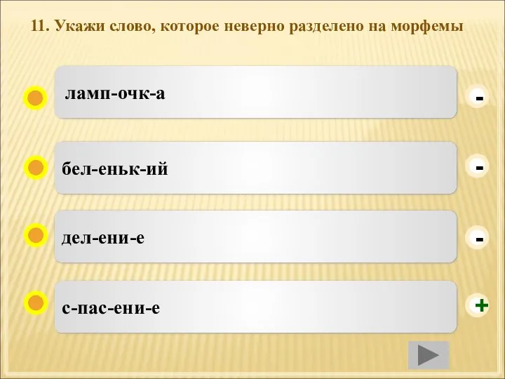 11. Укажи слово, которое неверно разделено на морфемы с-пас-ени-е бел-еньк-ий дел-ени-е ламп-очк-а - - + -