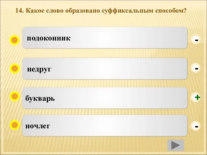 14. Какое слово образовано суффиксальным способом? букварь недруг ночлег подоконник - - + -